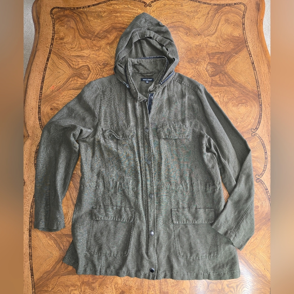 Dear John Linen Blend Hooded Utility Jacket size Large, olive green